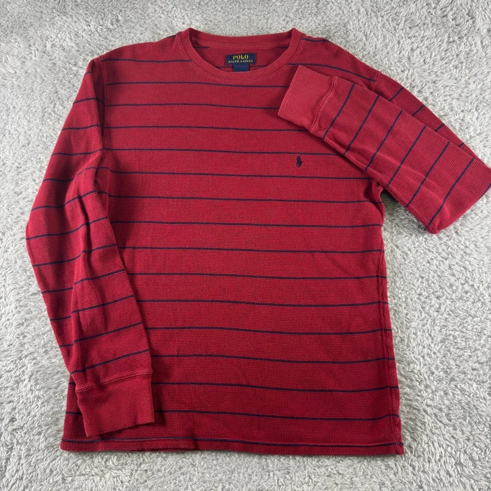 Polo Ralph Lauren Mens Red Navy Blue Striped Waffle Knit Thermal Shirt Large L
